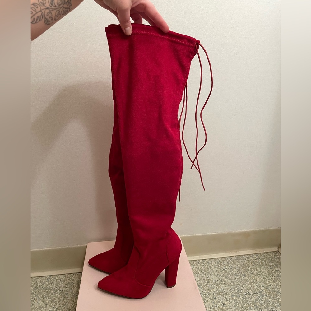Red over the knee heeled boots